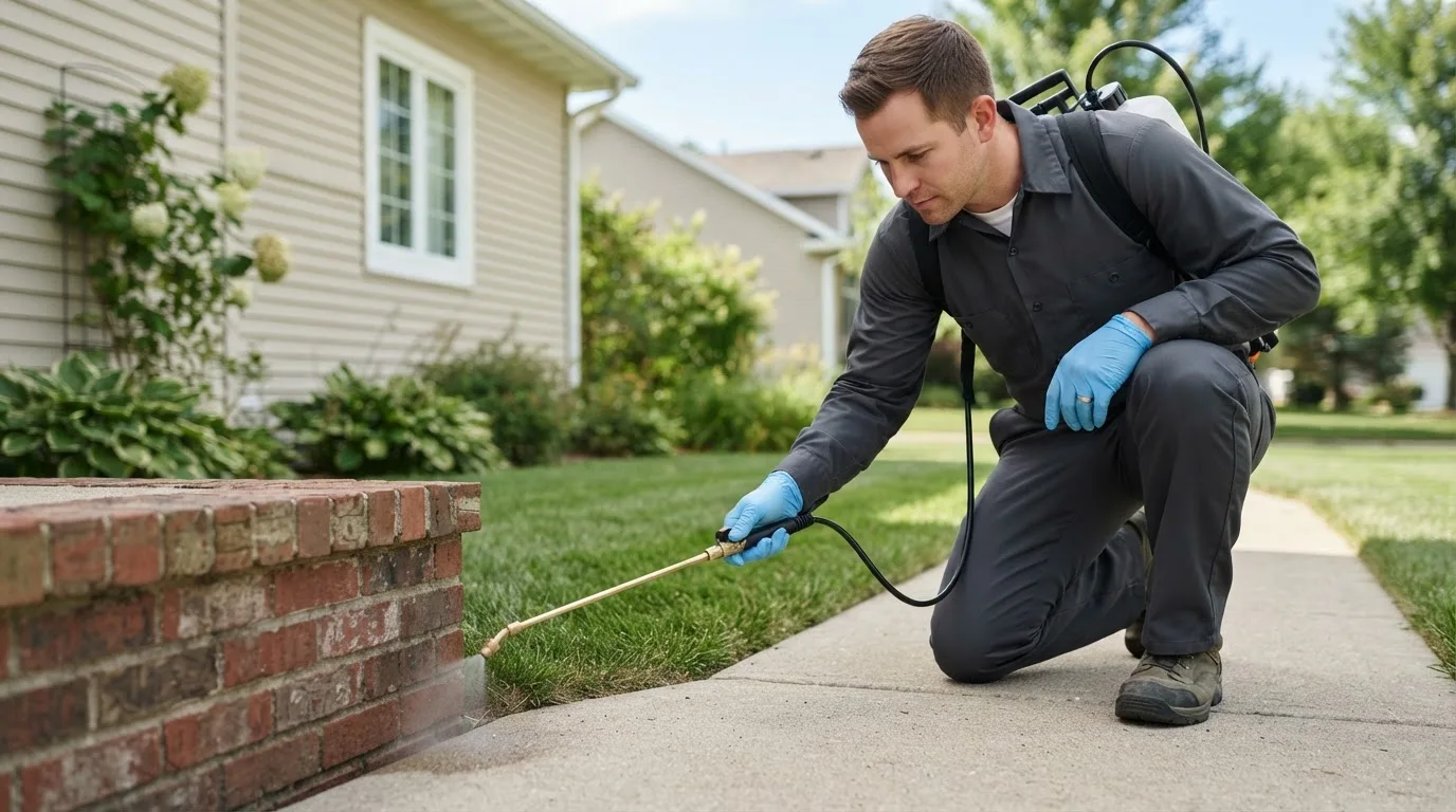 Pest control technician treating a home near Berthoud, CO