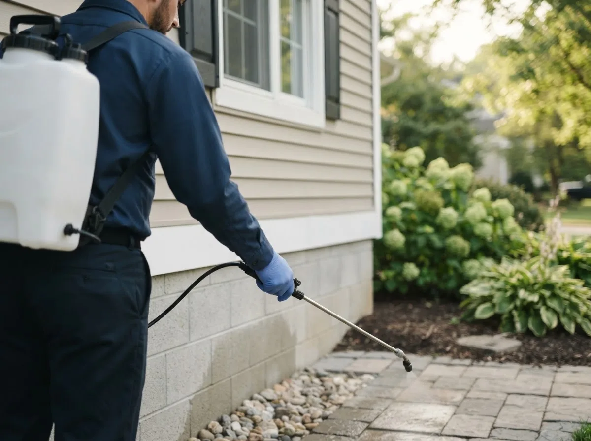 Pest control technician inspecting a home in Berthoud, CO